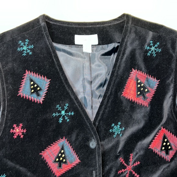 Vintage Talbots Holiday Christmas Black Embroidered Vest, Size XL - Picture 2 of 6